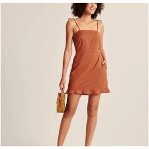 New Abercrombie & Fitch Linen Ruffled Dress Rust Orange Smocked Tie Strap Sz XL